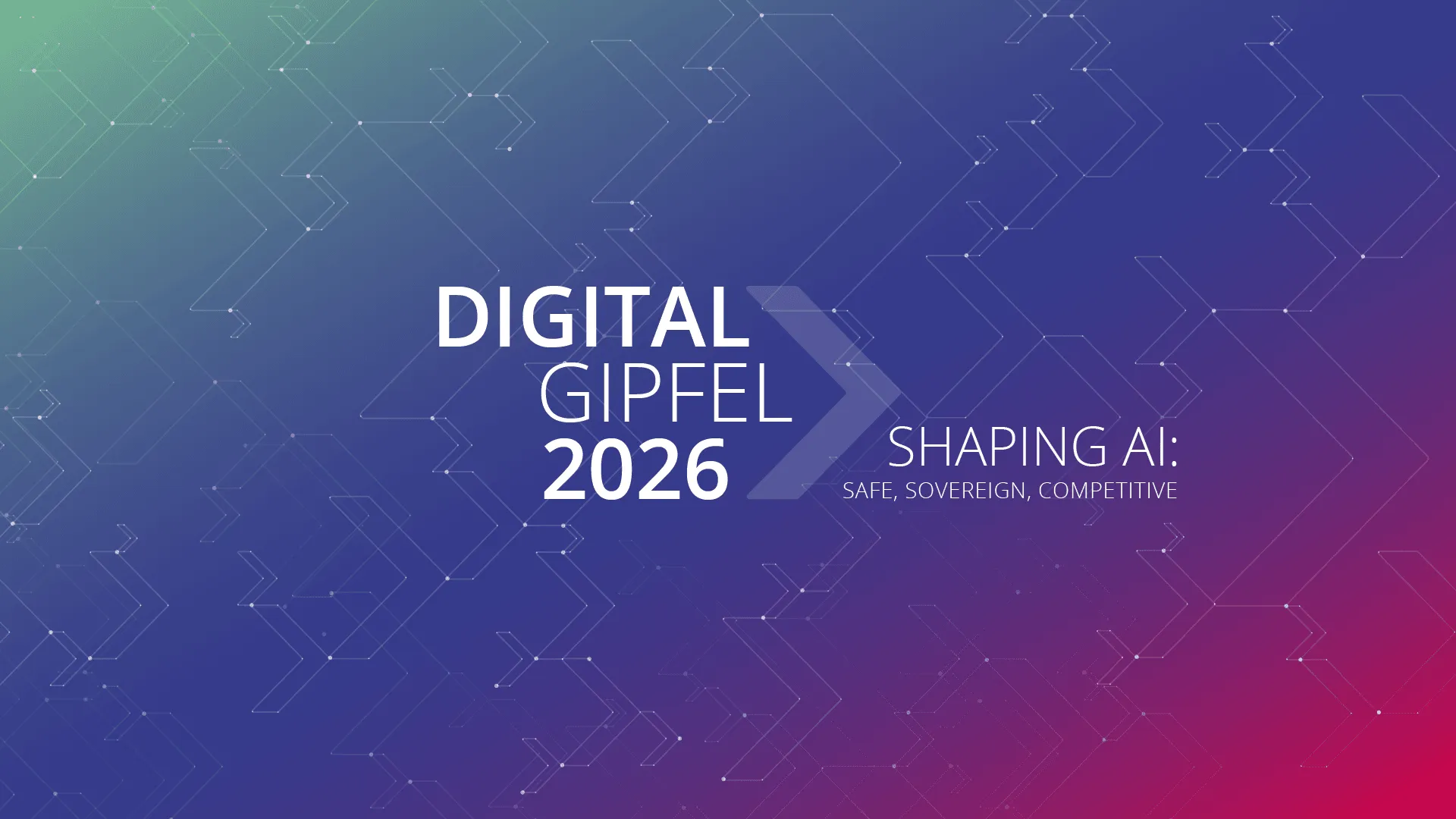 Branded background in purple, green and pink colors with text in the middle: Digital Gipfel 2026. Shaping AI: safe, sovereign, competitive