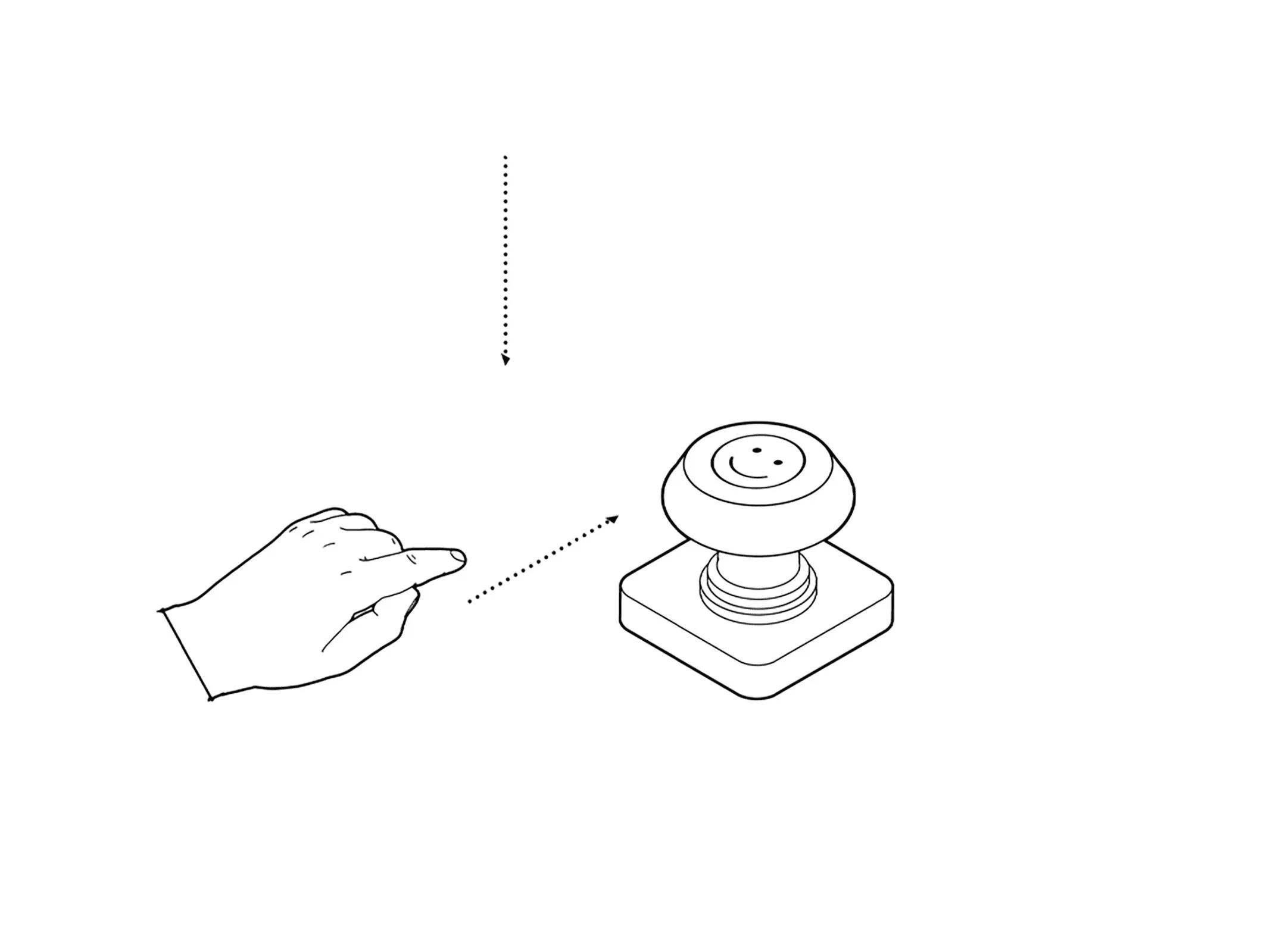 Graphic showing a hand pointing toward a round device with a friendly face